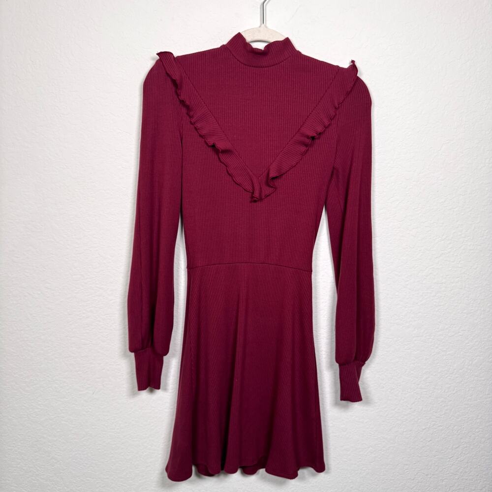 Reformation Womens Coen Ruffle Mini Dress Size S Knit Long Sleeve Burgundy